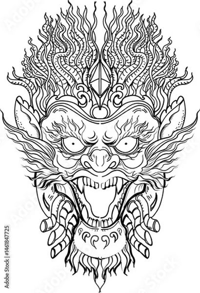 Fototapeta black-and-white illustration of a mythical dragon-naga hybrid face. The artwork combines the fierce expression of a Chinese dragon with the ornamental flames, scales,