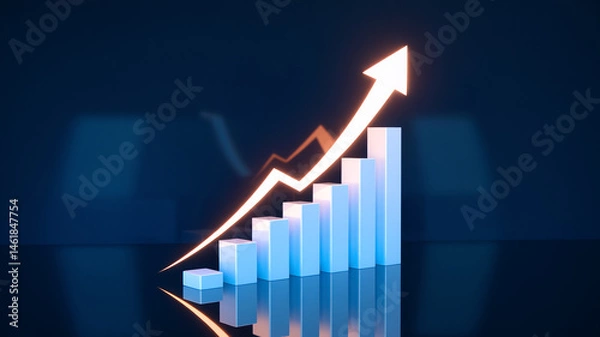 Fototapeta Ascending blue bars chart with glowing arrow, showcasing growth, progress, and success in business, finance or marketing concepts