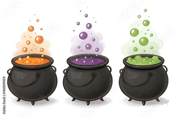 Obraz Whimsical Halloween Cauldrons with Colorful Bubbling Potions Illustration