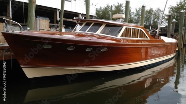 Fototapeta Classic Wooden Motorboat at Dock Reflecting in the Water, Featuring Intricate Design and Gleaming Finish