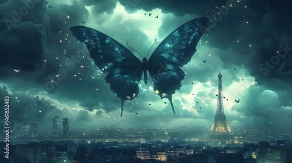Obraz Shadow Moth surrounded by storm clouds above Paris in anime style