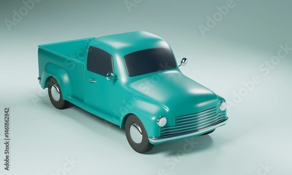 Obraz Retro pickup 3d rendering. Old style truck concept on a cyan background