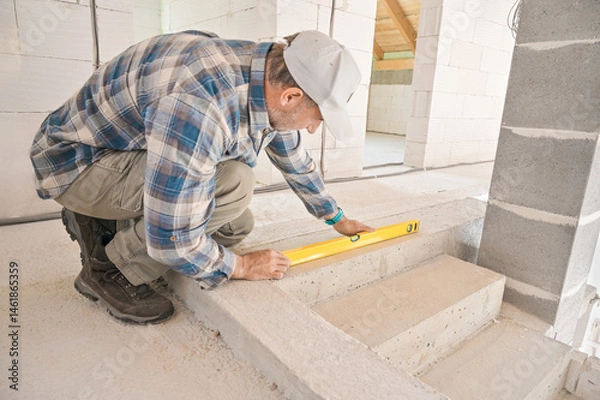 Fototapeta A construction worker is carefully using a level tool to ensure that the steps are perfectly aligned and stable, showcasing attention to detail in building progress