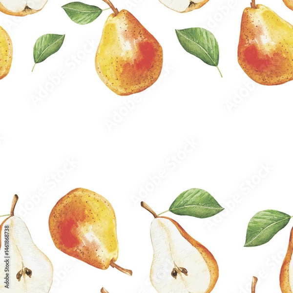 Fototapeta Seamless frame with golden pears and leaves watercolor decorative background illustration