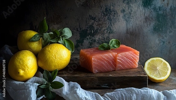 Obraz Fresh salmon fillets paired with vibrant lemons create a mouthwatering display. Perfect for culinary enthusiasts and healthy eating. Capture the essence of freshness and flavor.