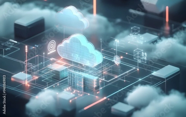 Fototapeta Futuristic digital landscape depicting cloud computing and data management