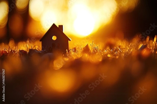 Obraz Miniature house in a field at sunset.  Golden light shines on a small wooden house nestled in grass
