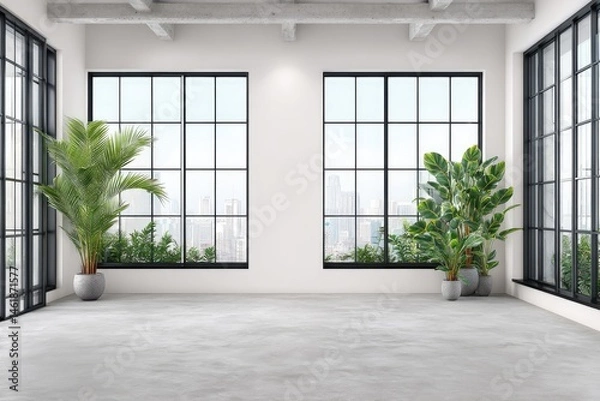 Fototapeta Bright, modern loft space with expansive city views.  Large windows, concrete floor, and potted plants fill the room