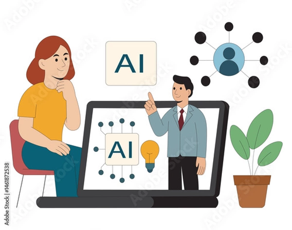 Fototapeta Artificial Intelligence Learning Flat Vector of AI Training and Online Education. AI Course Illustration Woman Learning About Artificial Intelligence Online.