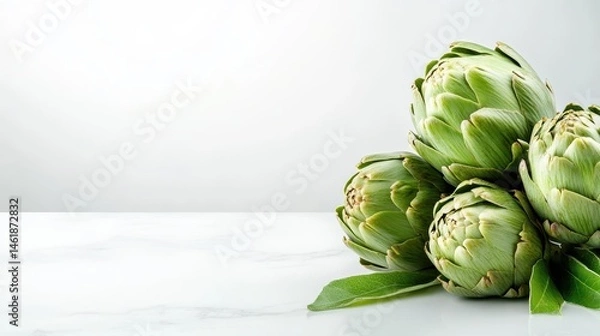 Fototapeta A fresh assortment of green artichokes arranged on a pristine white surface, highlighting their natural beauty, making it suitable for food photography and healthy eating inspirations.