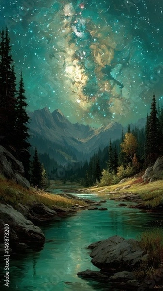 Fototapeta Majestic landscape with a river under a starry night sky in a serene mountain setting