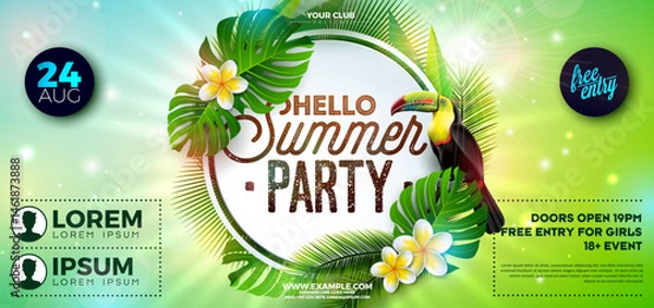 Fototapeta Summer Party Flyer Design with Flower, Tropical Palm Leaves and Toucan Bird on Natural Green Background. Vector Summer Beach Celebration Design Template with Floral Elements, Plants and Typography
