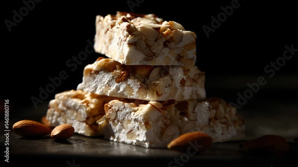 Fototapeta Batch of nougat bars with almonds on a champaign black background