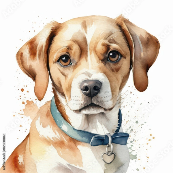 Obraz A detailed watercolor artwork depicting a beagle dog with a blue collar.