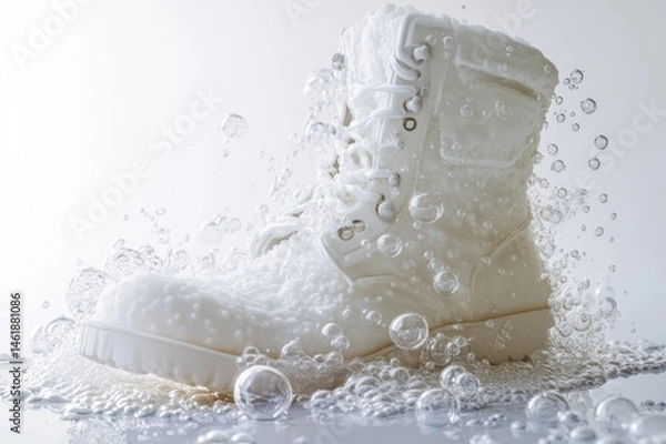 Fototapeta Realistic white foam boots with bubbles and splashes