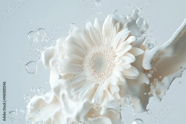 Fototapeta Hyper-realistic white gerbera with bubbles and splashes