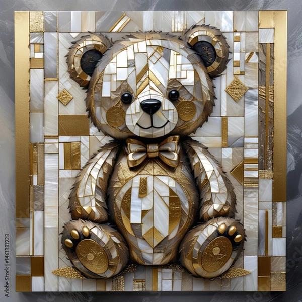 Obraz Geometric Teddy Bear Mosaic Artwork with Golden and White Accents