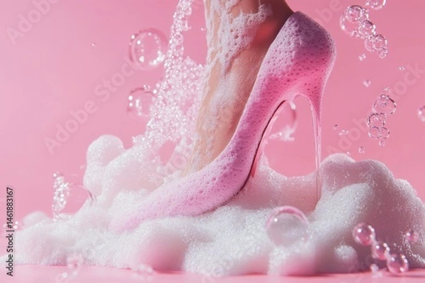 Fototapeta Foam high heels with bubbles on the bottom, pink background