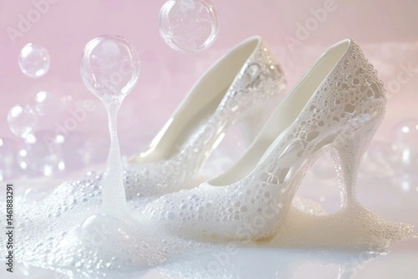 Fototapeta Realistic white foam high heels with bubbles and splashes