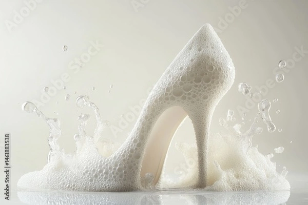 Fototapeta Hyper-realistic white foam high heels with bubbles and splashes