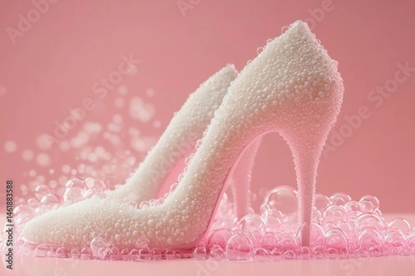 Fototapeta White foam high heels with bubbles on the bottom