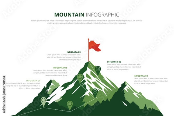 Fototapeta Mountain climbing route to peak. Business journey path in progress to success vector concept. Mountain peak, climbing route to top rock illustration