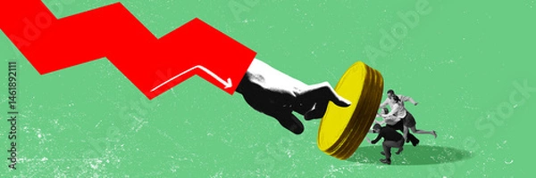 Fototapeta Team of people holding heavy coin pushed by red arrow hand symbolizing system pressure and collapse. Conceptual design. Concept of crisis, finances, economy, global crisis. Photocopy effect