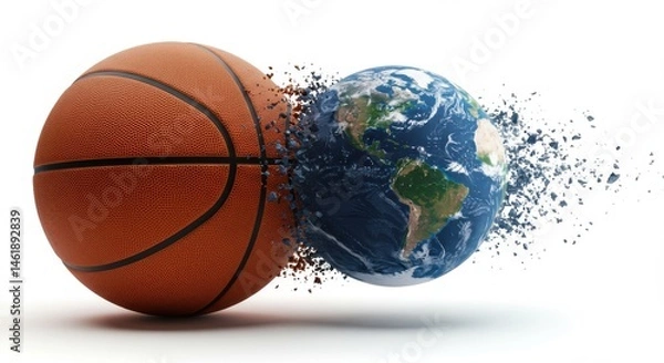Fototapeta Basketball morphing into a planet, outer space theme but clean white background