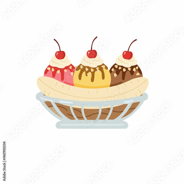 Fototapeta Delightful banana split with colorful ice cream and toppings