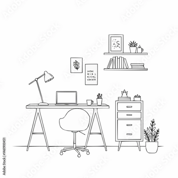 Fototapeta Simple line art of a study space with a desk lamp, pictures, shelves, books, and a plant