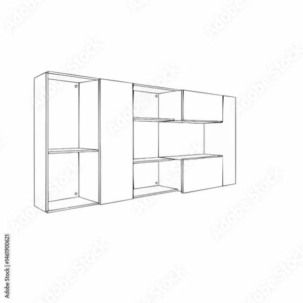Fototapeta Line drawing of assembled closet with upper shelf & drawers. Simple & organized