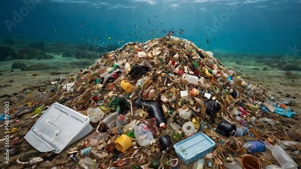 Fototapeta Various types of garbage are in the sea