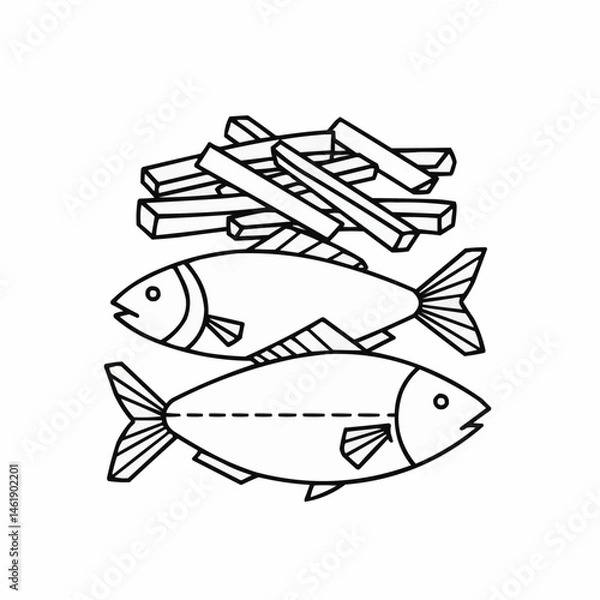 Fototapeta Fish and chips a black-and-white sketch of popular British fast food for colouring fun