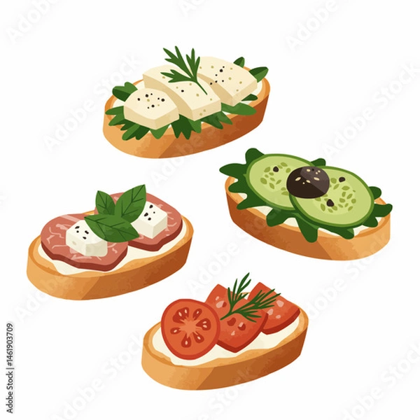 Fototapeta Appetizing sandwiches topped with cheese, cucumber, ham, and greens on bread