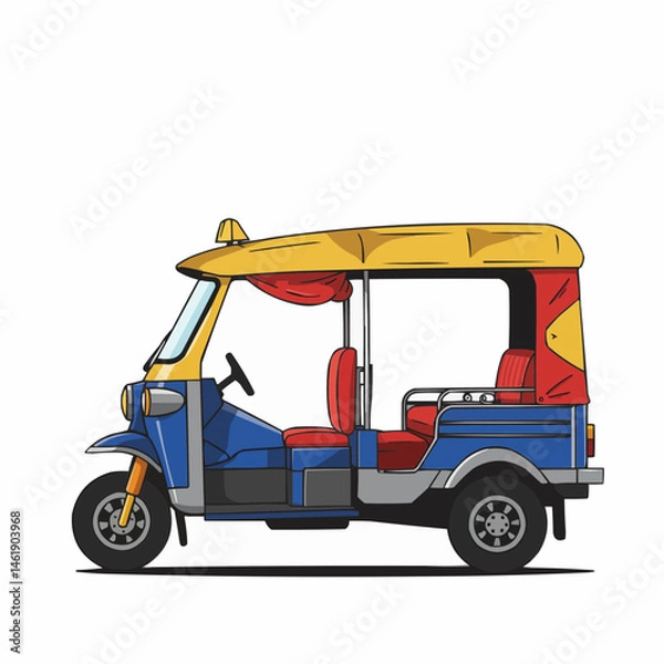 Fototapeta Cartoon close-up of yellow vehicle with red decor; windshield and awning are visible