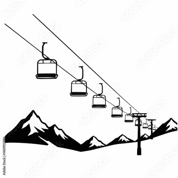 Fototapeta A simple monochrome image showing ski-lift chairs suspended along the upward slanting cables