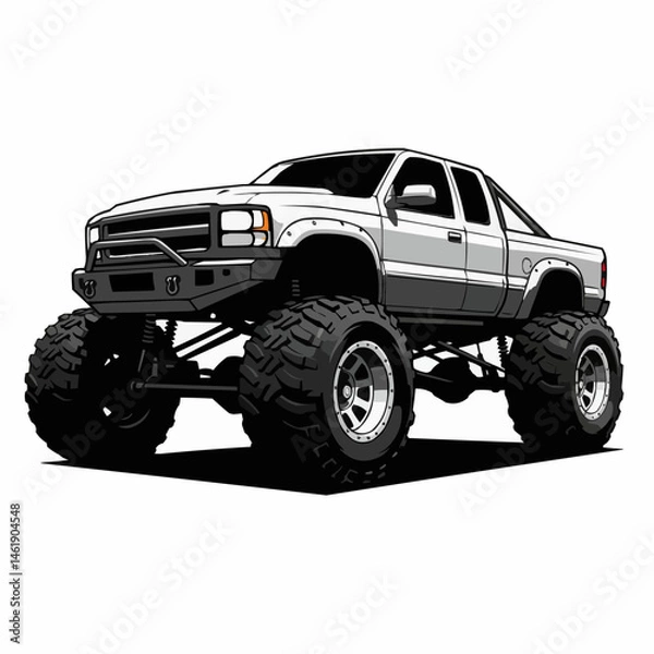 Fototapeta Stylized vector art of a lifted white pickup truck with mud tires and front bumper