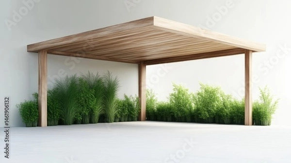 Fototapeta Minimalist wooden carport with lush greenery.  A modern, light-toned carport structure with a simple, square wooden roof supported by two pillars.