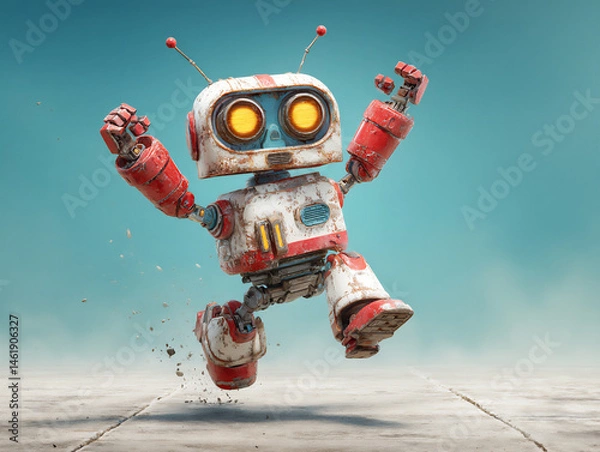 Obraz excited robot jumping with arms raised