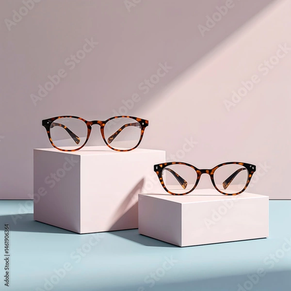 Fototapeta Stylish tortoiseshell glasses displayed on modern pedestal stands against a pastel backdrop in a minimalist setting