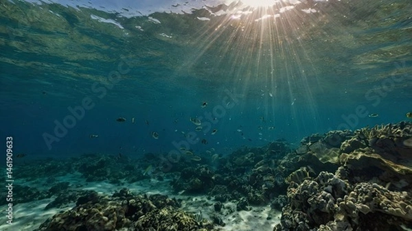 Obraz View of the sea water illuminated by the sun. seen from under the sea