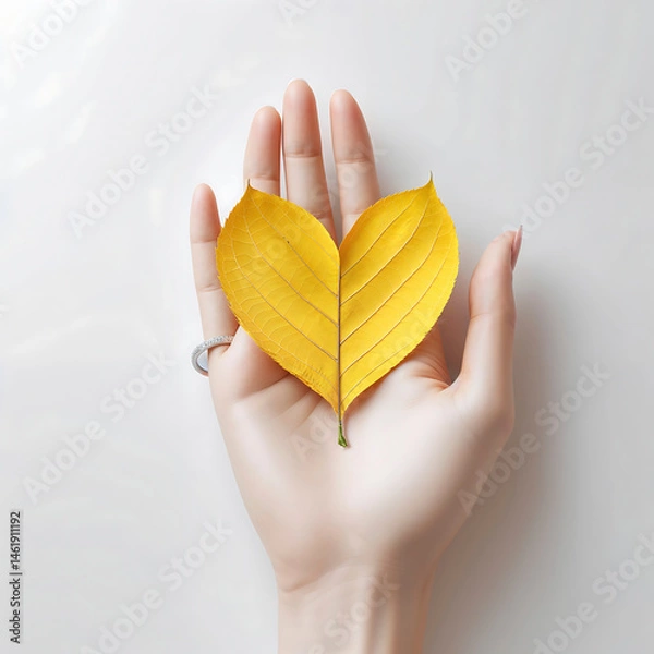 Fototapeta Bright yellow leaf shaped like a heart held gently in a person's hand against a light background