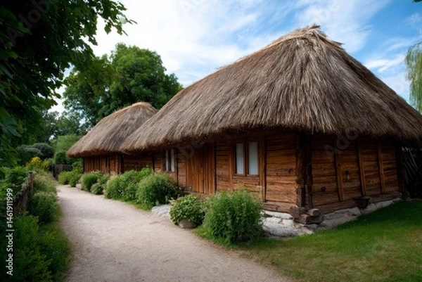Fototapeta Exploring Traditional Thatched Roof Cottage with Garden Pathway in Rural Setting