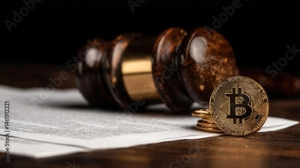 Obraz Cryptocurrency bitcoin coin with wooden gavel on document in low light
