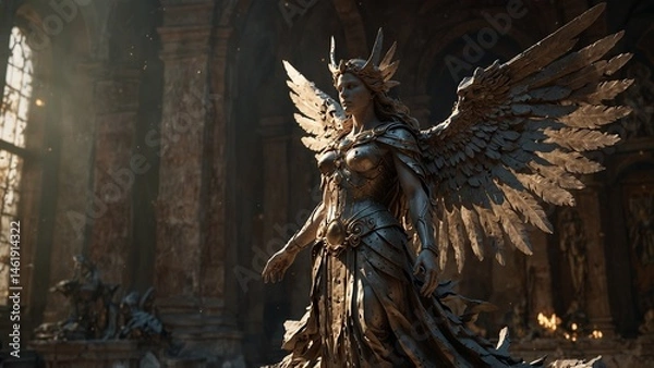 Fototapeta A statue of Furtina, her wings torn apart into countless shards of light by time