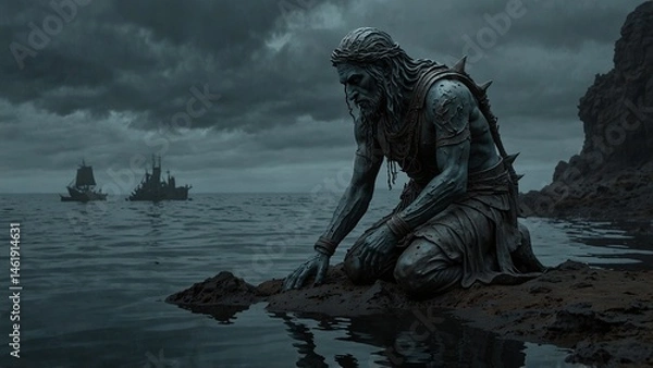 Fototapeta A statue of Remas, crouched on sunken isles, guiding lost mariners
