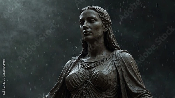 Fototapeta A statue of Vientis, soaked by rain falling from the void onto her stone robes