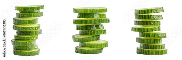 Fototapeta A set of vibrant cucumber slices showing fresh texture and green edge clarity. Isolated on transparent Background
