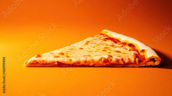 Fototapeta A slice of cheesy pizza rests on a vibrant orange backdrop, highlighting its gooey texture and delicious toppings.
