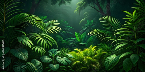 Obraz Lush green jungle foliage with palm leaves and tropical plants in a dense forest scene view
